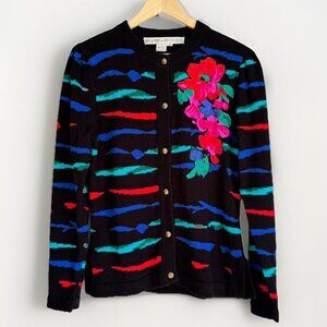 VTG Umi Collections Anne Crimmins Floral Applique Black Cardigan Size S Art Deco